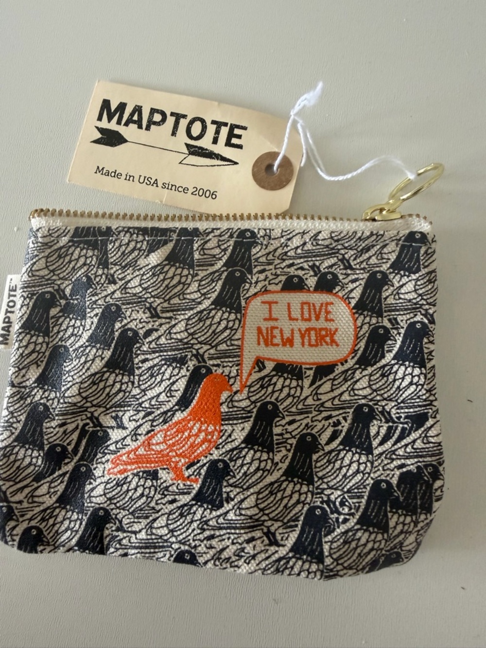 Maptote Canvas coin purse with  Pigeon Print and Orange Accent